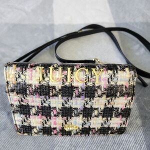 NWOT Juicy Couture Tweed Plaid Gold Juicy Logo Small Crossbody Wallet Purse